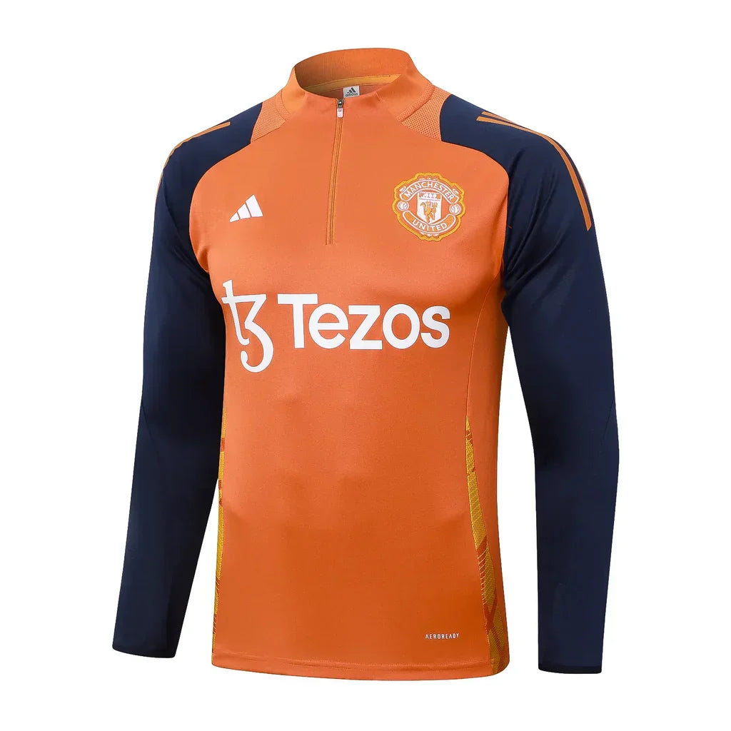 Conjunto Manchester United ZĂper Curto Treino Laranja e Azul