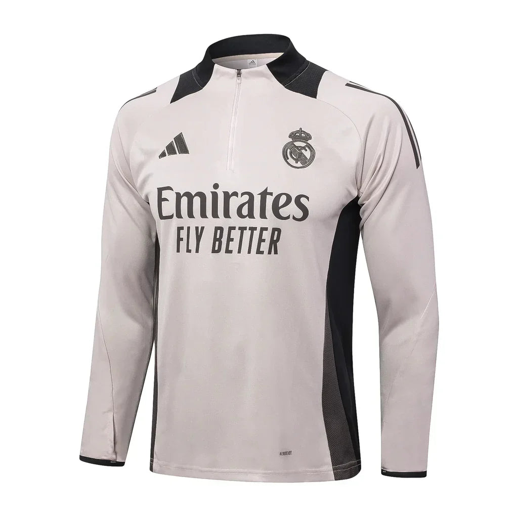 Conjunto Real Madrid ZĂper Curto Treino Bege e Ciano 2024/25
