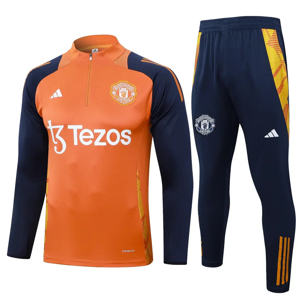 Conjunto Manchester United Zíper Curto Treino Laranja e Azul | Torcedor Shop