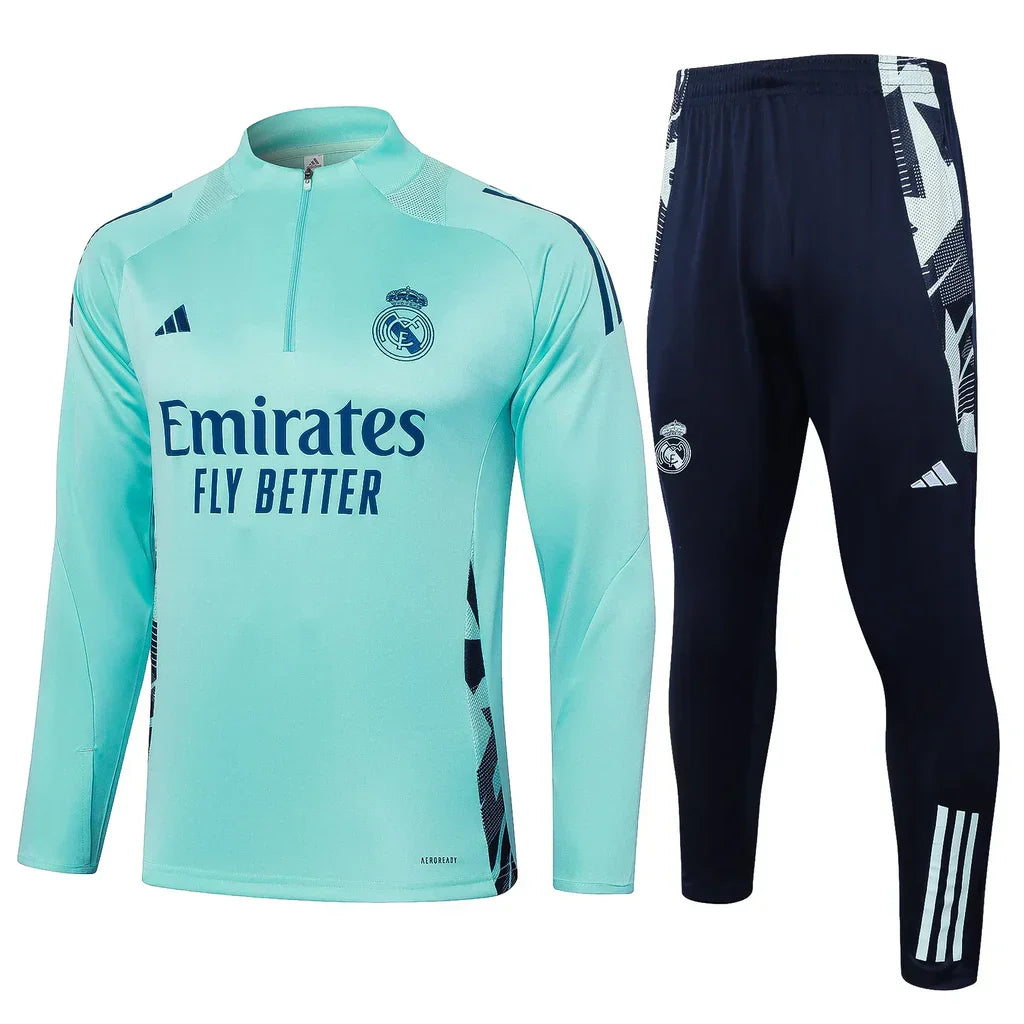 Conjunto Real Madrid Zíper Curto Treino Azul Turquesa 2024/25 | Torcedor Shop
