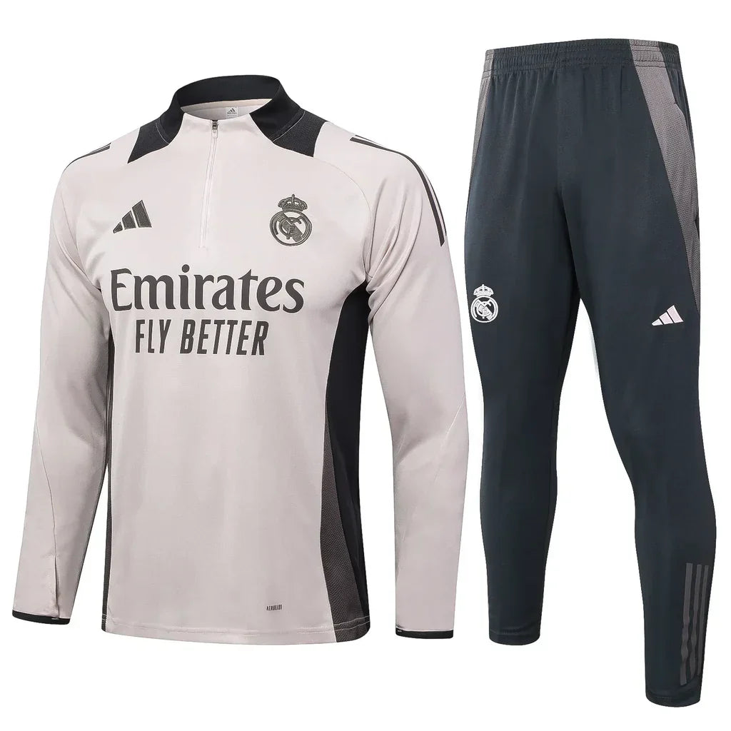Conjunto Real Madrid Zíper Curto Treino Bege e Ciano 2024/25 | Torcedor Shop